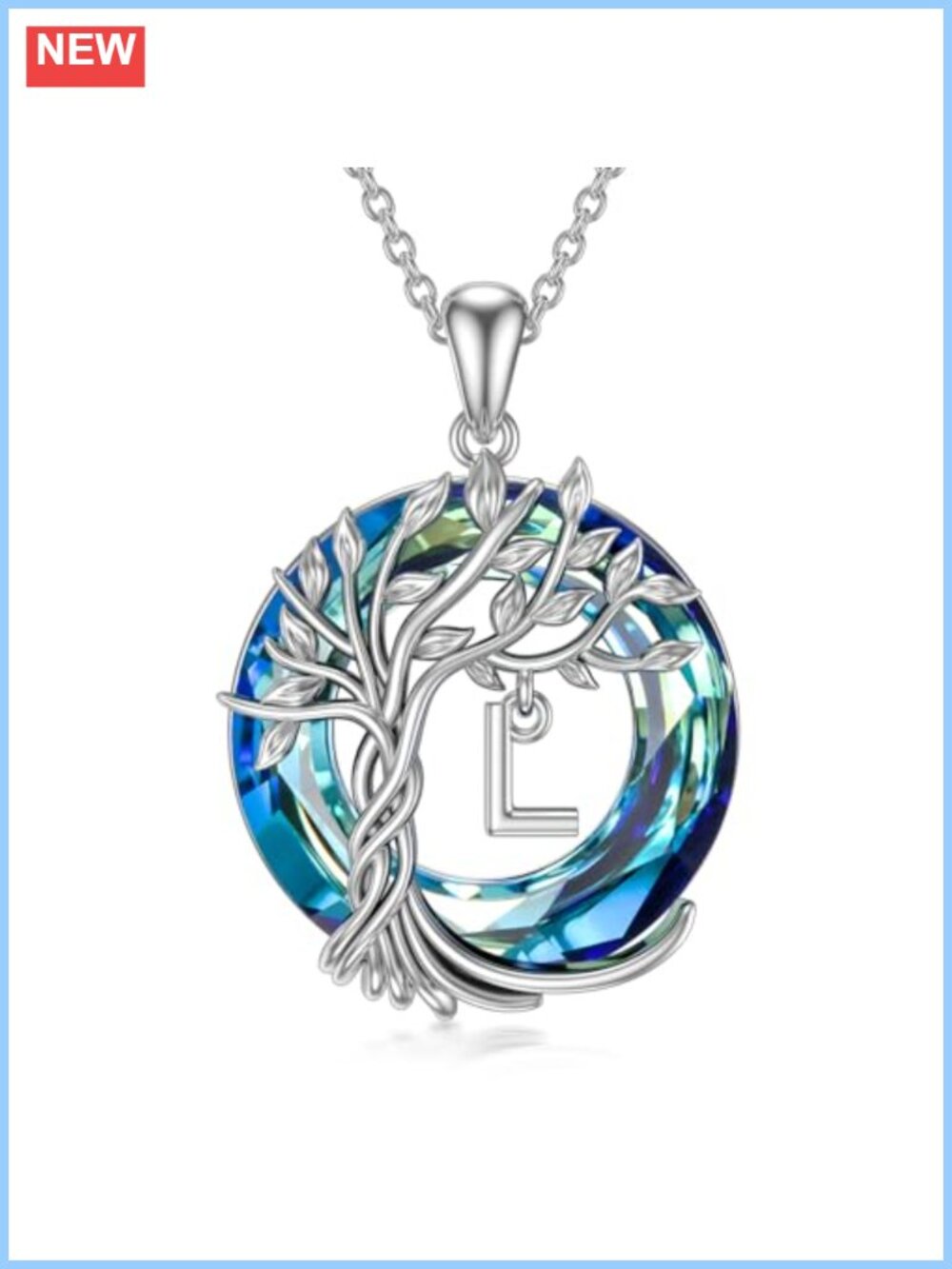 Sterling Silver Tree of Life Initial Necklace Blue Crystal Pendant Jewelry Gift